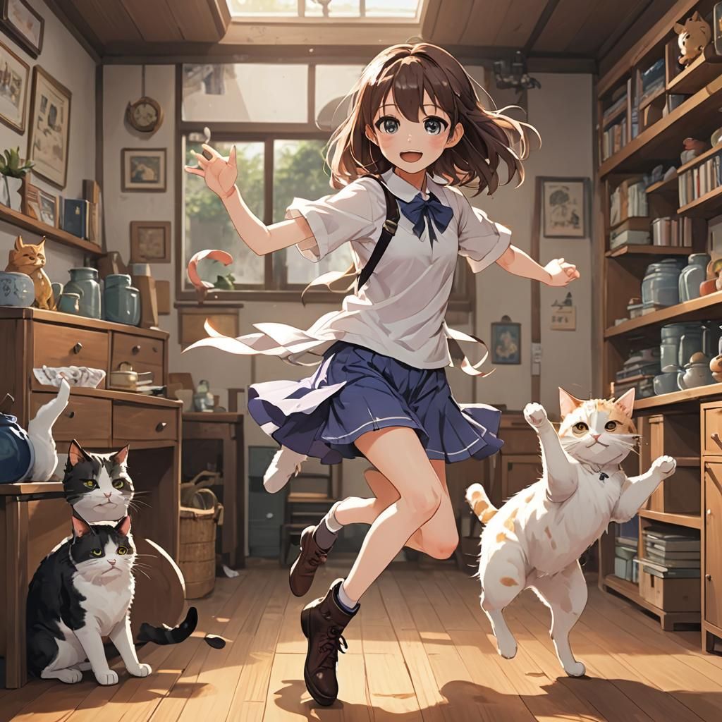 Girl Dancing with Cat in Anime Style
