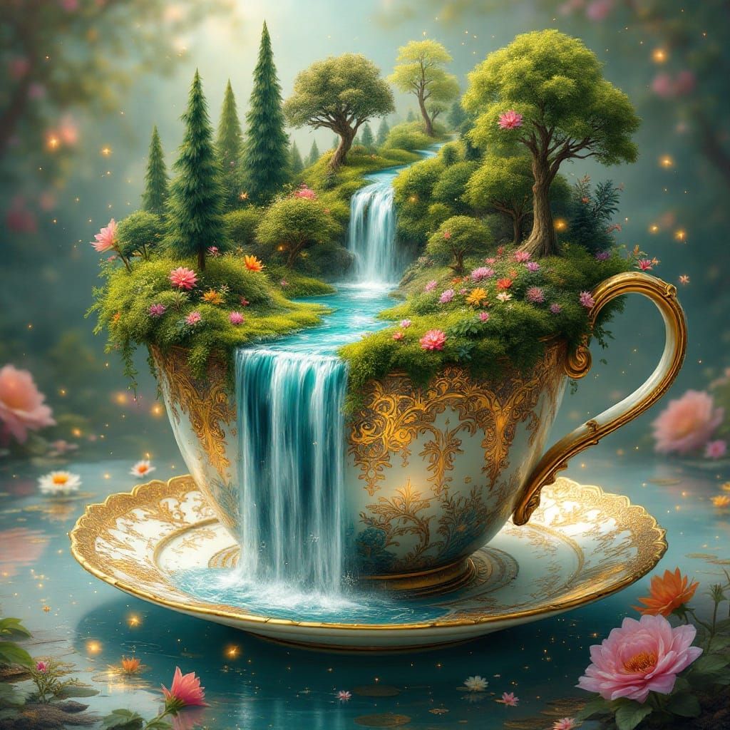 Fantasy Whimsical Teacup Falls into a Forest