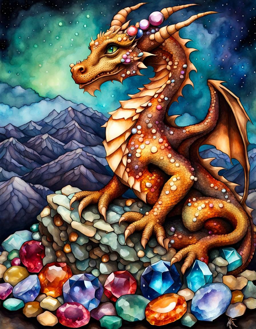 Dragon on Gem Pile in Alcohol Ink Style