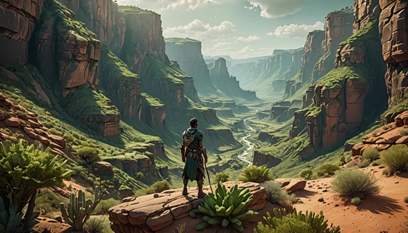 Lush Vegetation in a Desert Canyon, Digital Art