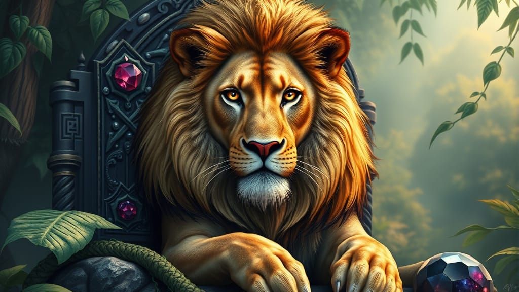 Lion on Gemstone Throne in Epic Fantasy Style