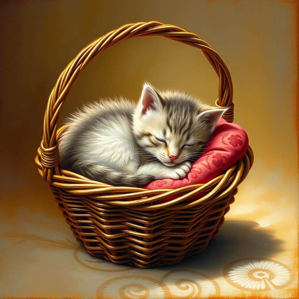Realistic oil painting.  An adorable kitten is sleeping curl...