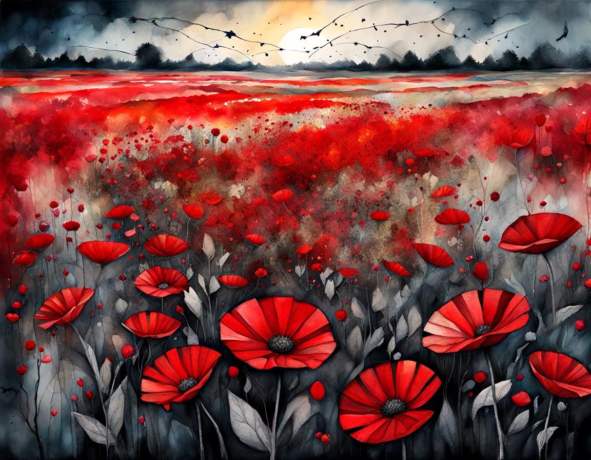 Crimson Poppies Field in Vintage Oil Painting