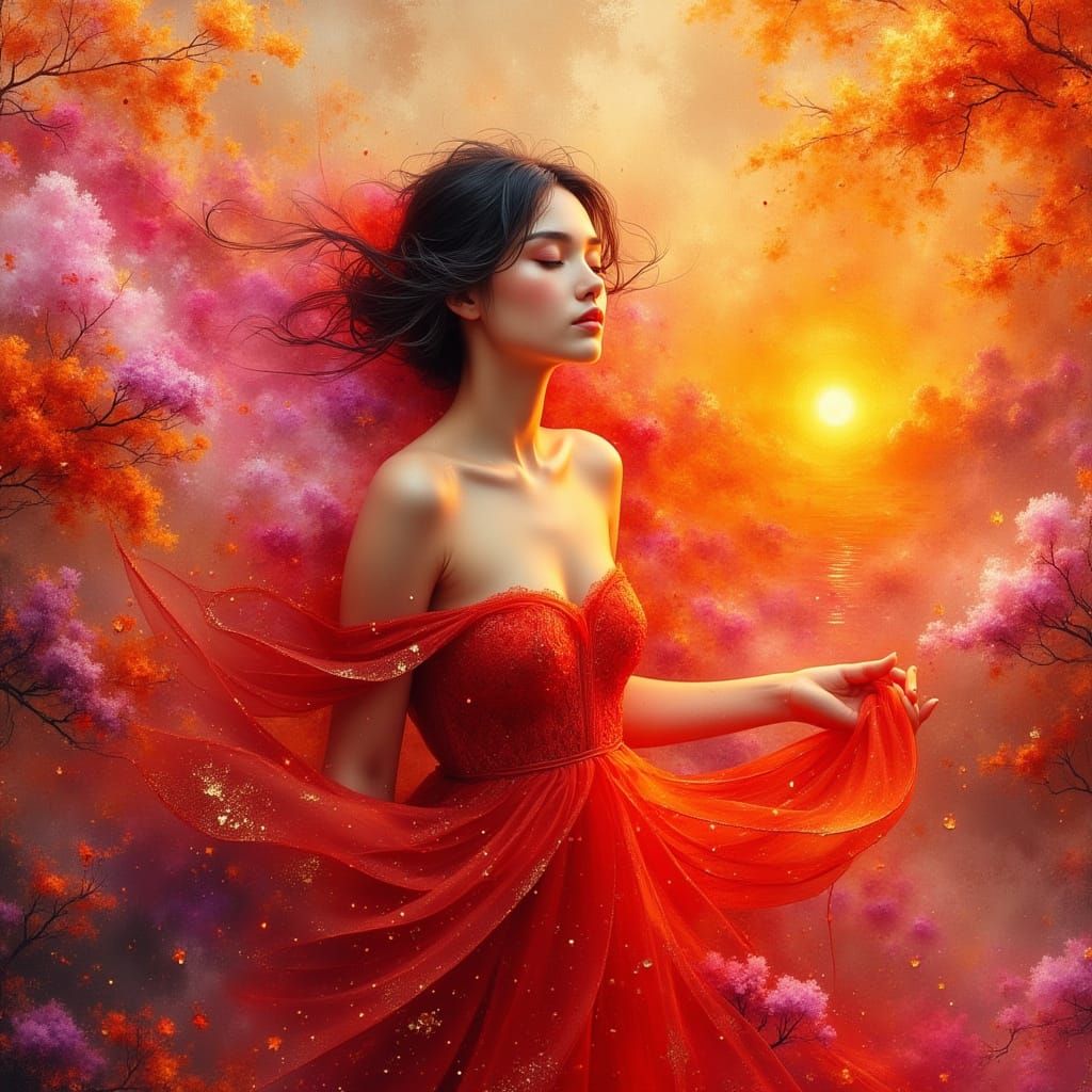 Serene Woman in Sunset Hues: A Digital Painting