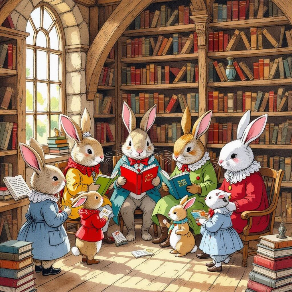 Animals Reading in Library, Whimsical Illustration