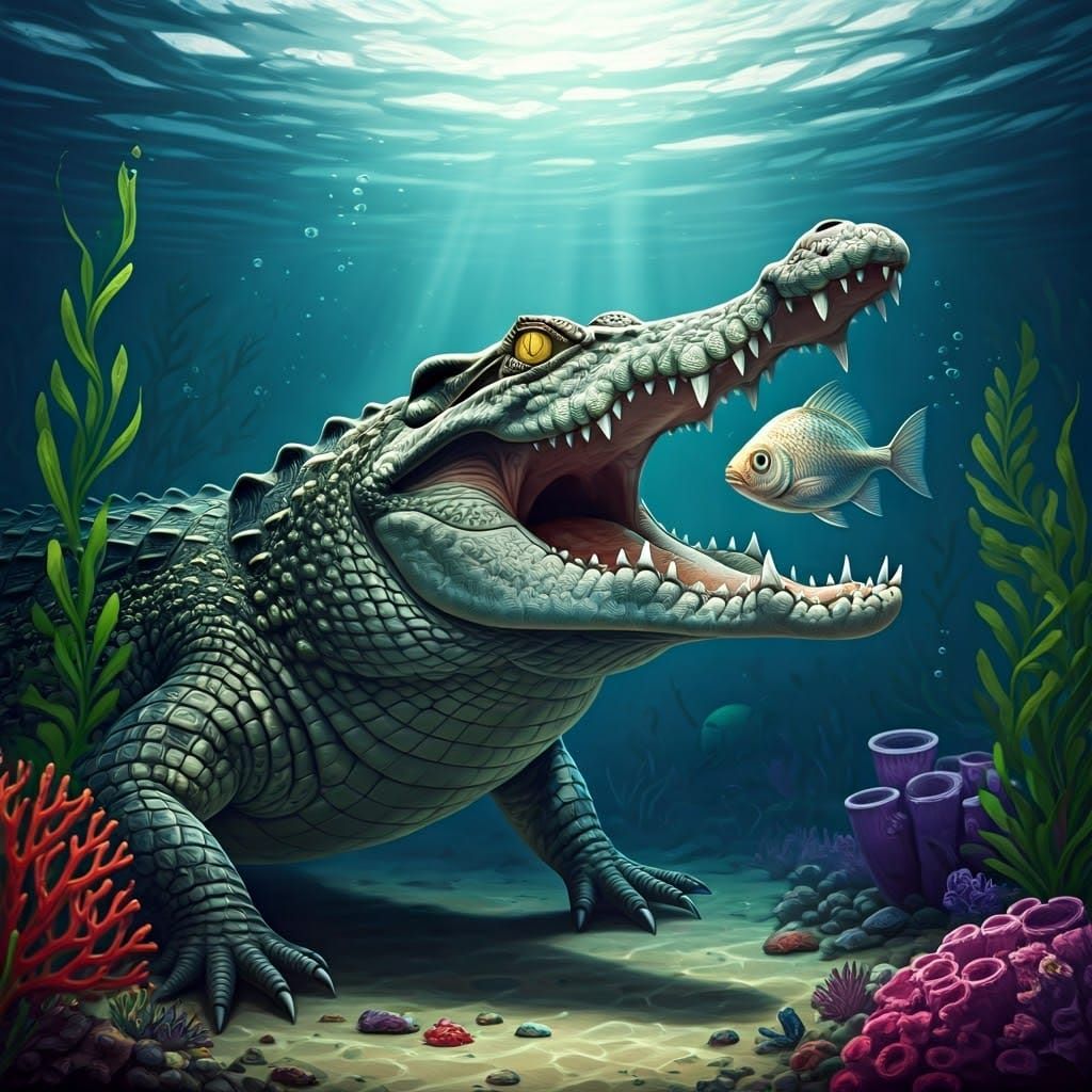 Fierce Crocodile Ambush in Dark Underwater Realm