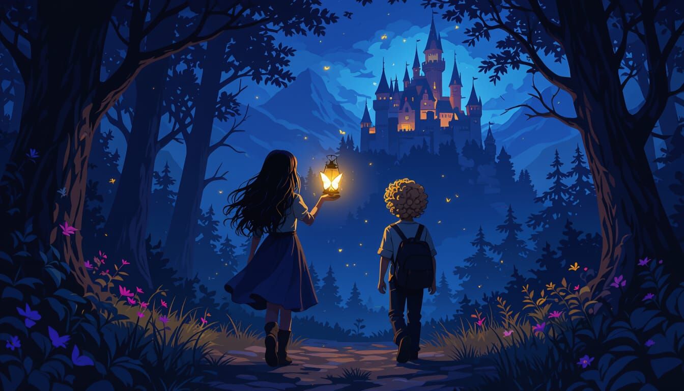 Dark Fantasy Forest Scene with Castle and Glowing Butterfly