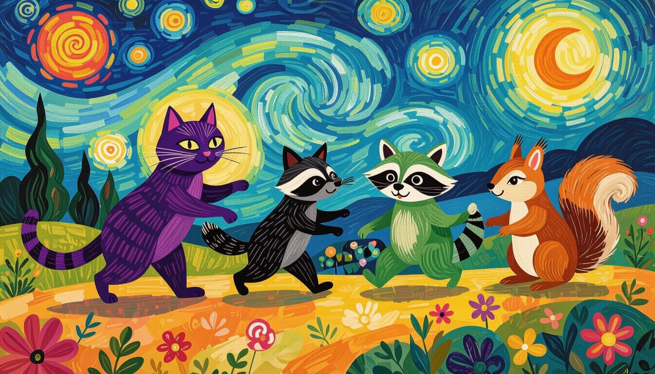 Whimsical Conga Line in Vibrant Van Gogh Style