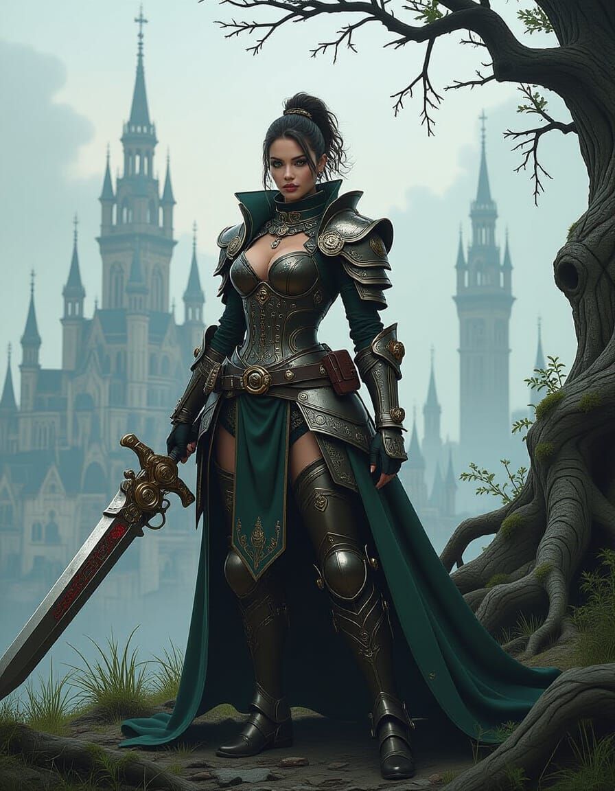 Heroic Female Monster Hunter in Steampunk Armor