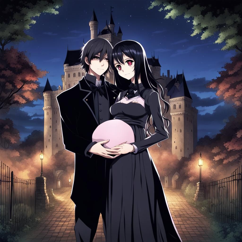 Gothic Couple Embrace Before Midnight Castle, Anime Style