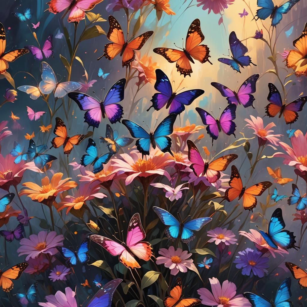 Glowing Butterflies Around Iridescent Flower in Digital Art
