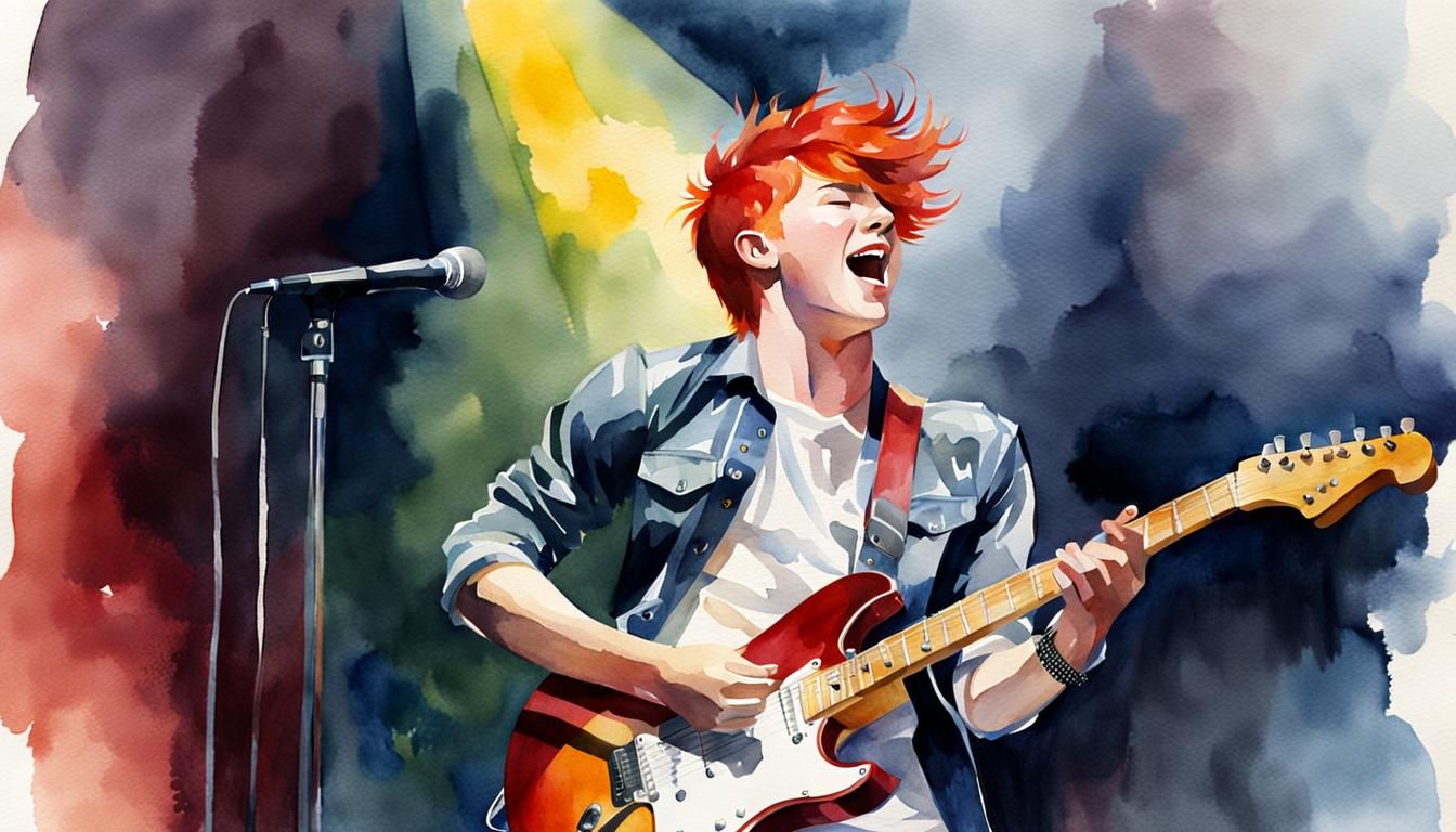 Red-Haired Teen with Guitar, Watercolor Painting