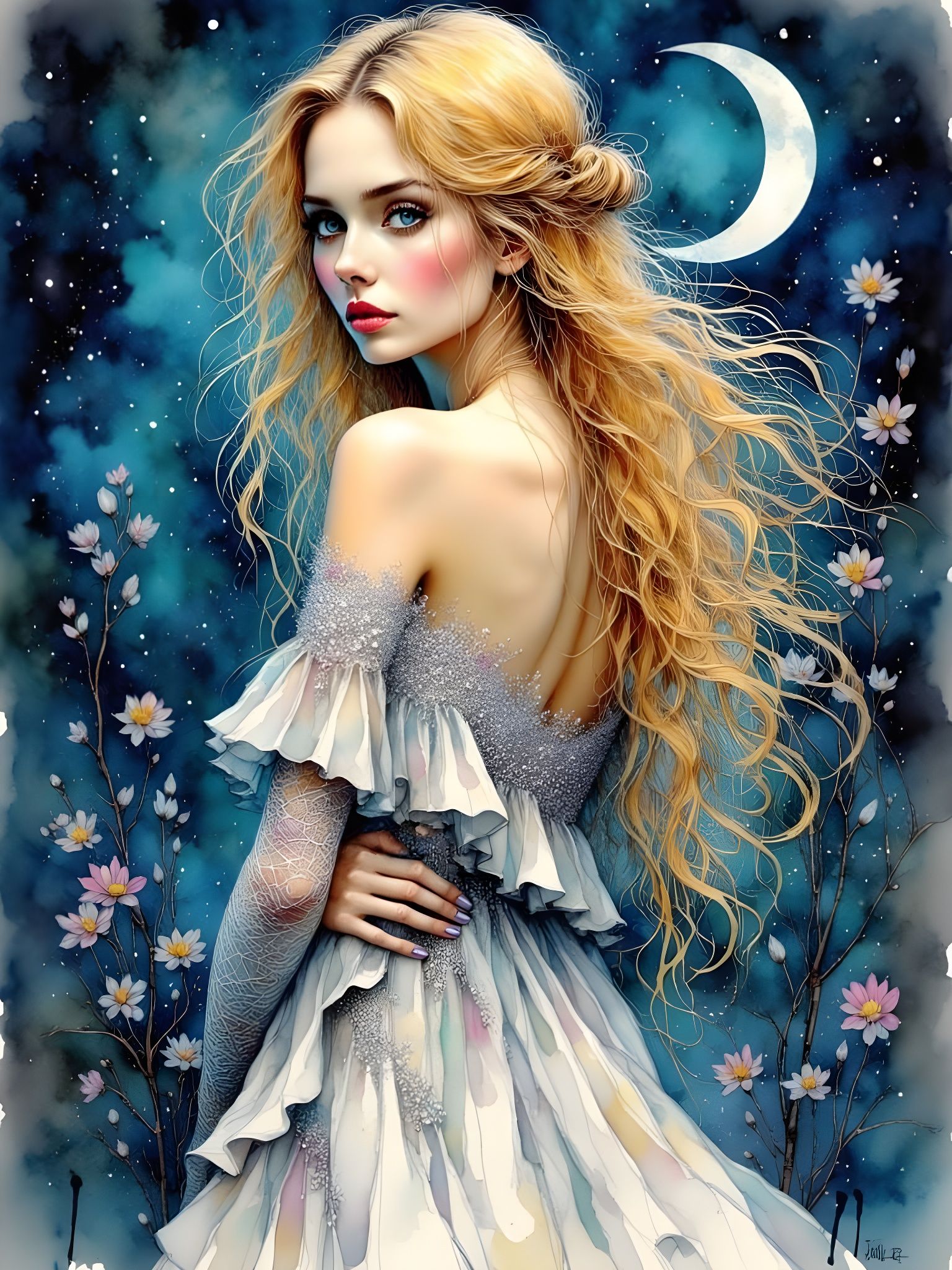 Ethereal Norse Goddess of Love in a Watercolor-Ink Masterpie...