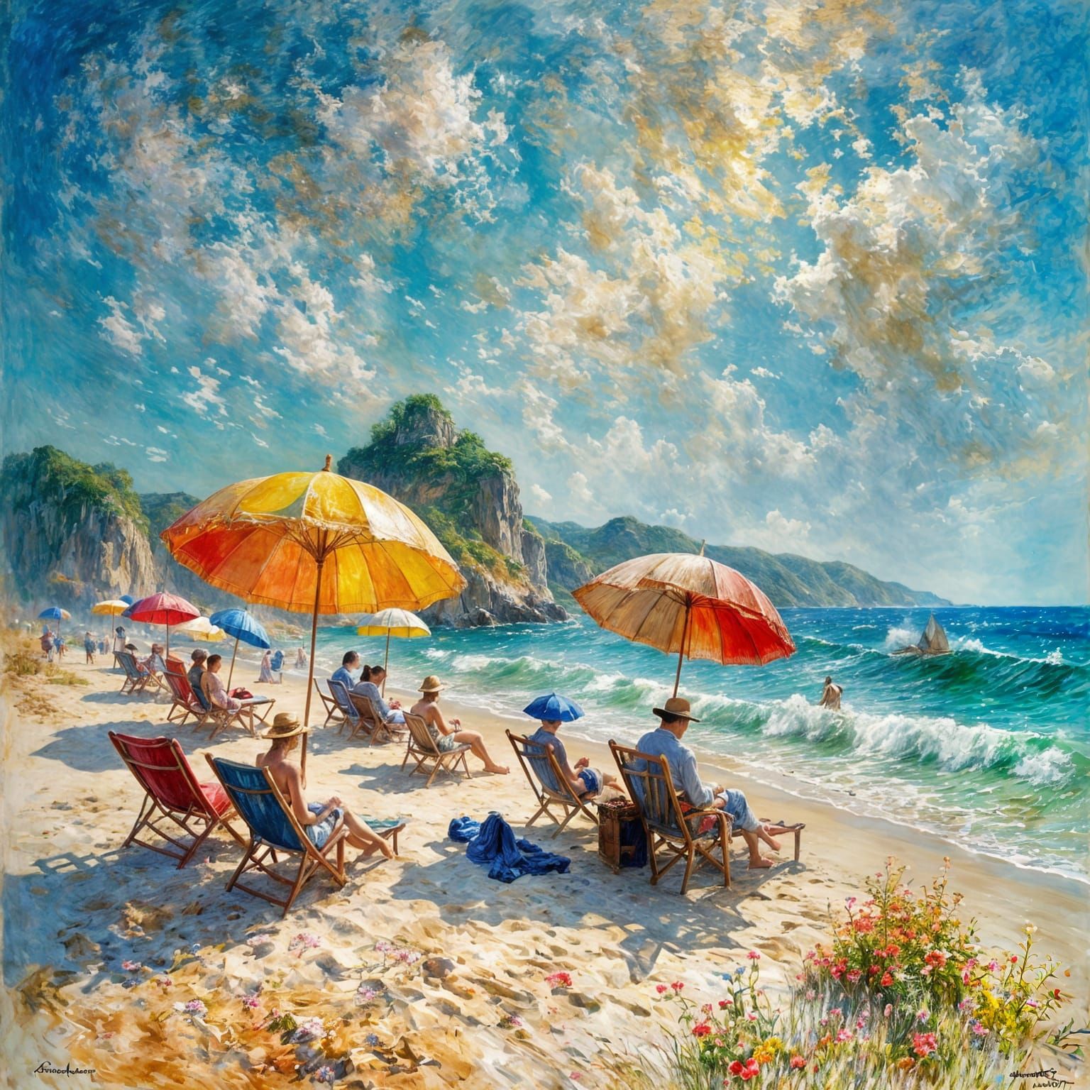 .
Une scène de plage avec des baigneurs, des parasols colorés et des vagues douces <lora:EtherealVisionsFlux:1.0> Claude...