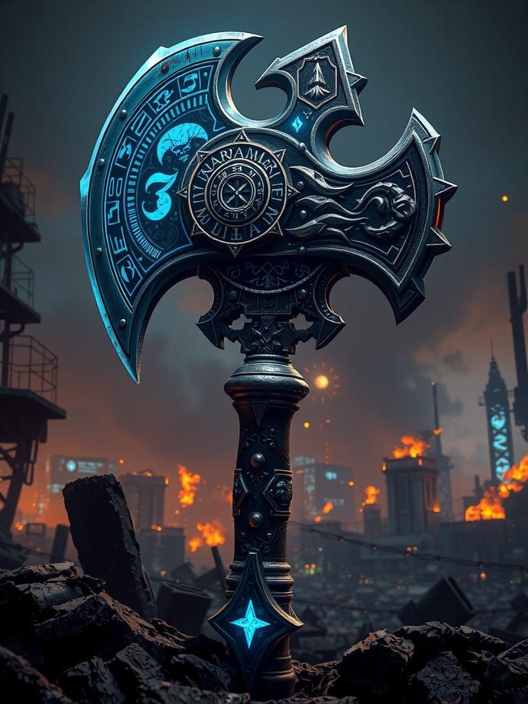 Ethereal Warhammer 40K Power Axe in Post-Apocalyptic Citysca...