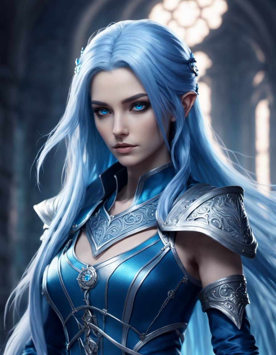 Female Mage with Blue Hair in Fantasy Realism