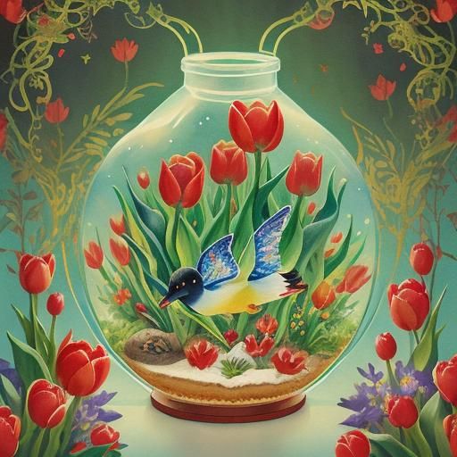 Surreal Watercolor: Fairies, Tulips, and Monster Boat