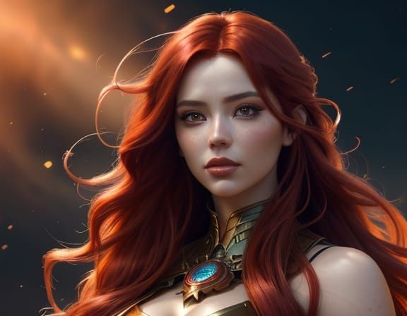Ethereal Woman with Red Hair in Cosmic Vortex