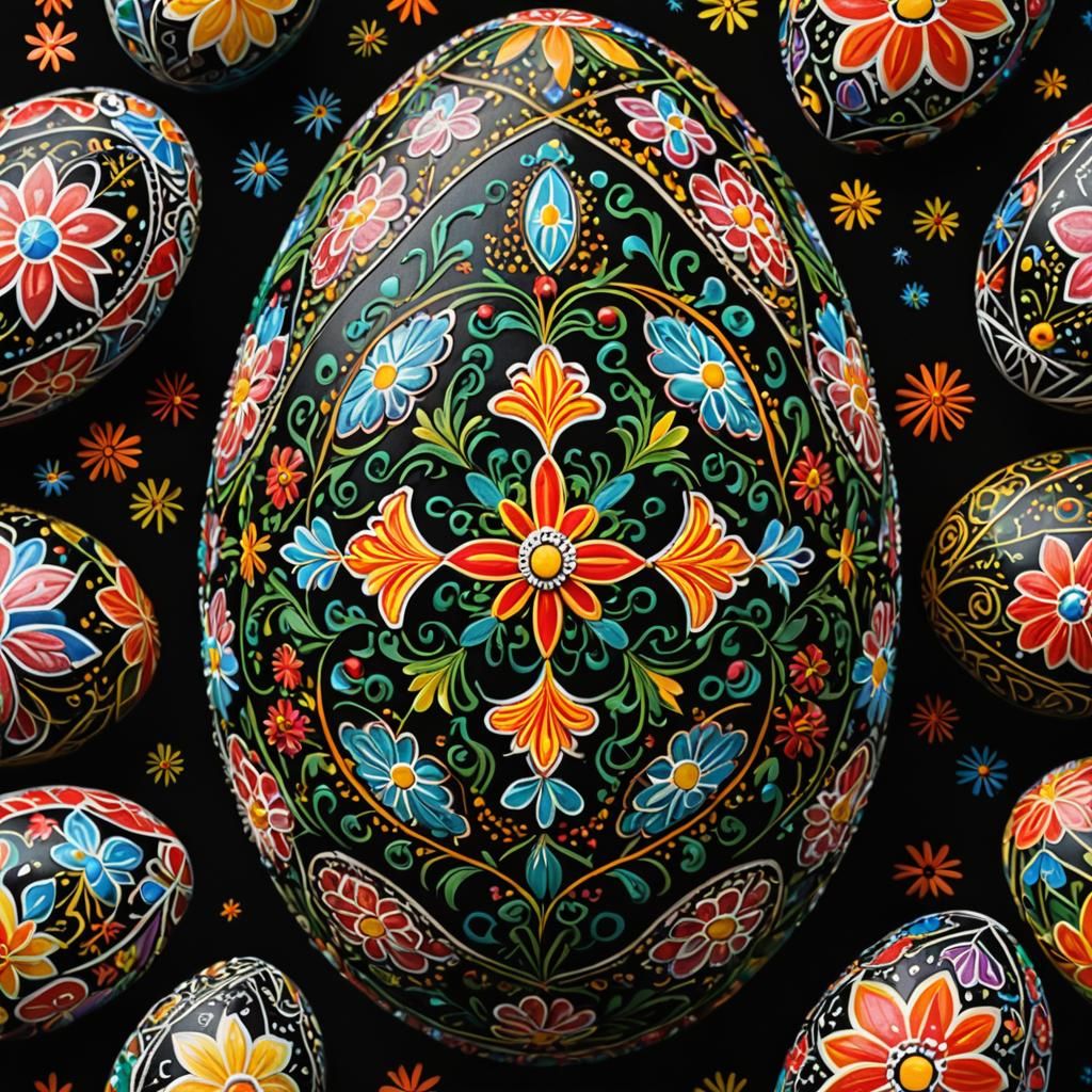 Intricately Detailed Pysanka Egg on Black Background