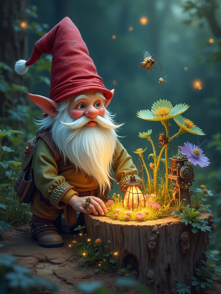 Whimsical Gnome Tends Bioluminescent Garden in Tree Stump
