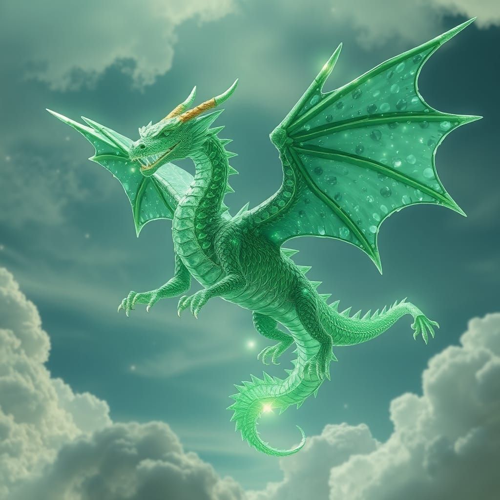 Majestic Emerald Crystal Dragon Soars Through Sky