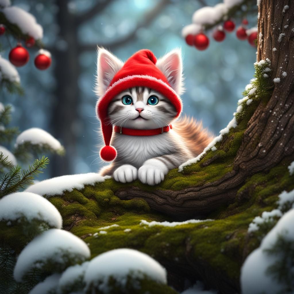 Fluffy Kitten in Santa Hat, Detailed Matte Painting