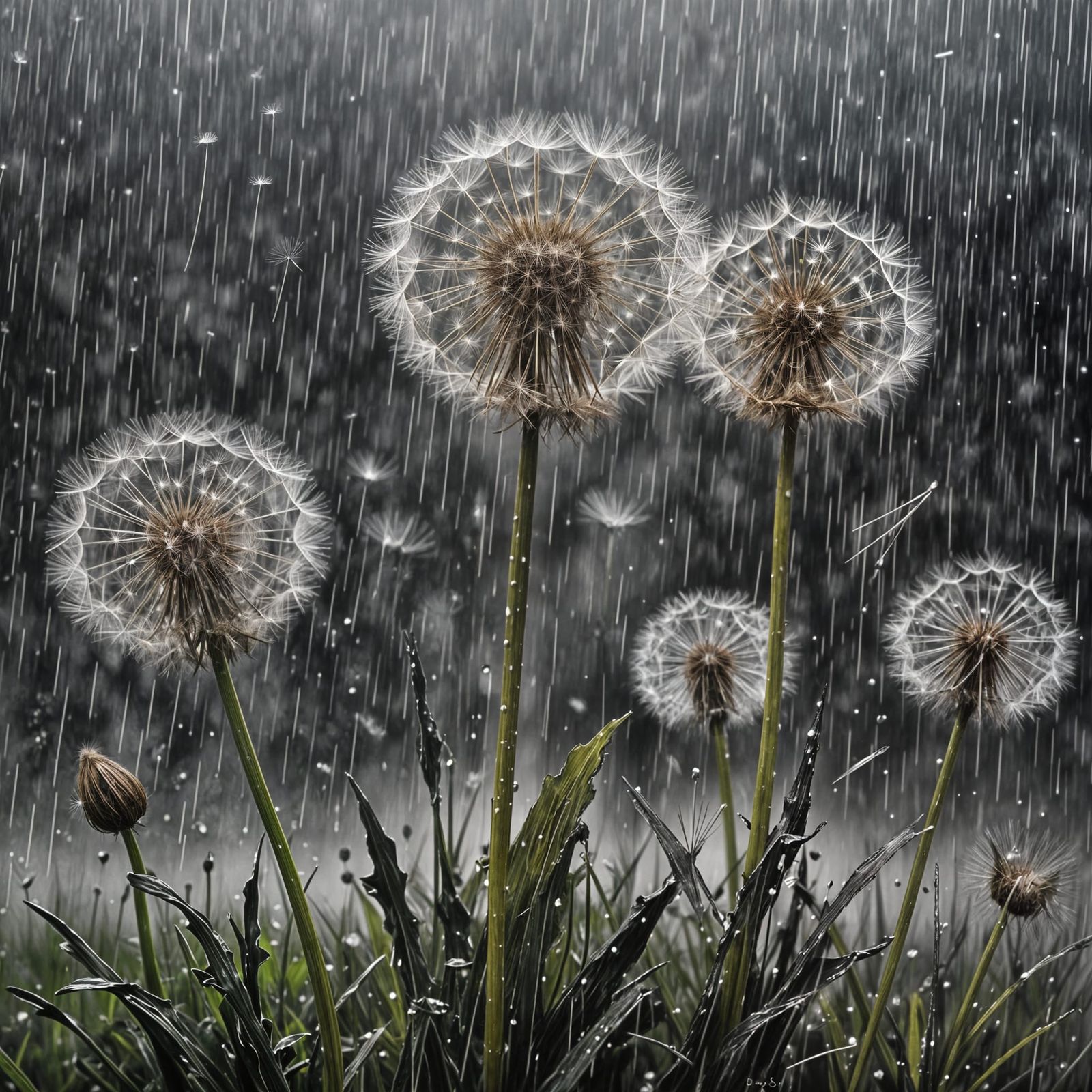 Dandelion in Rain: Hyperdetailed Motion Blur Image