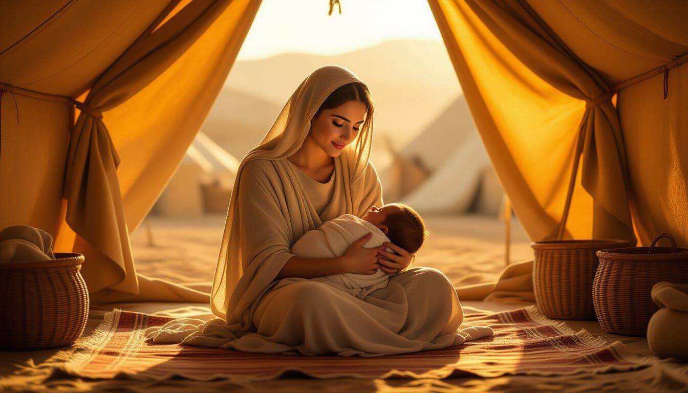 Hannah Cradles Newborn Samuel in Cozy Israelite Tent