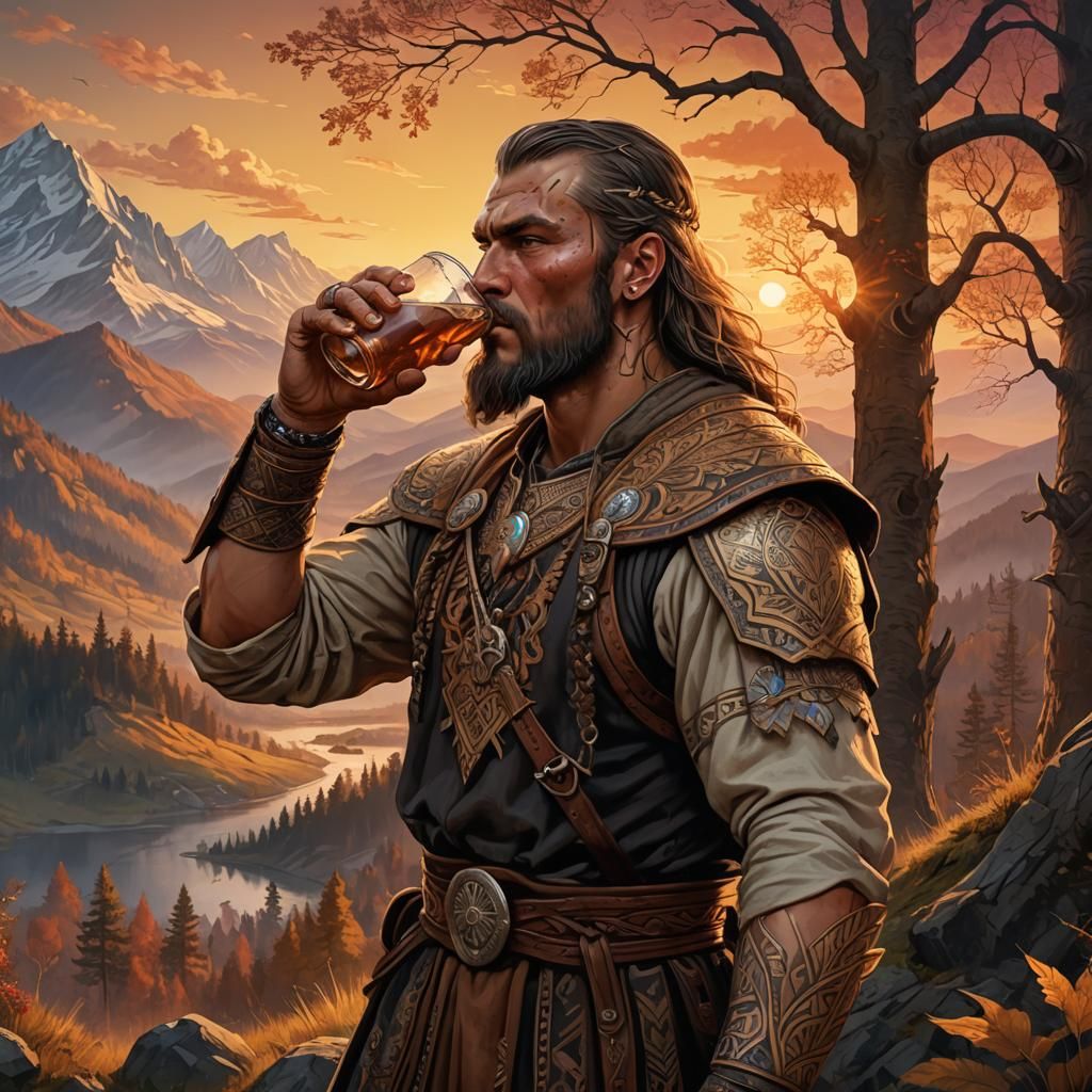 Slavic Hero Drinks from Mystical Cup: Folklore Art