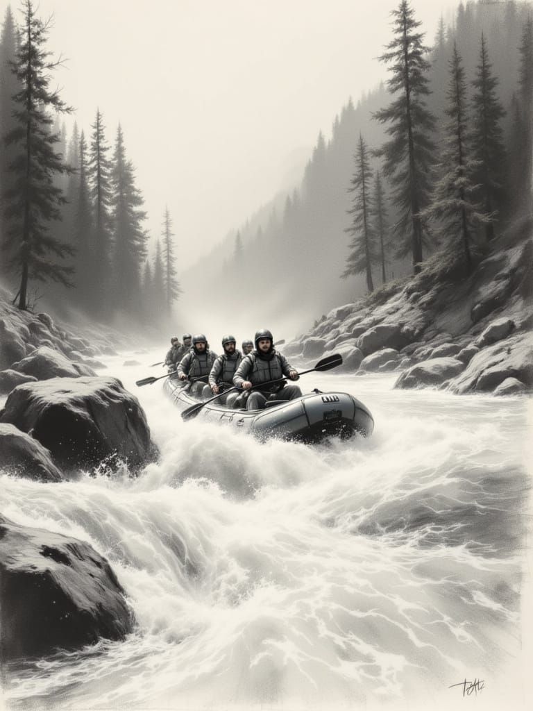 Rushing Waters in Charcoal Sketch Style