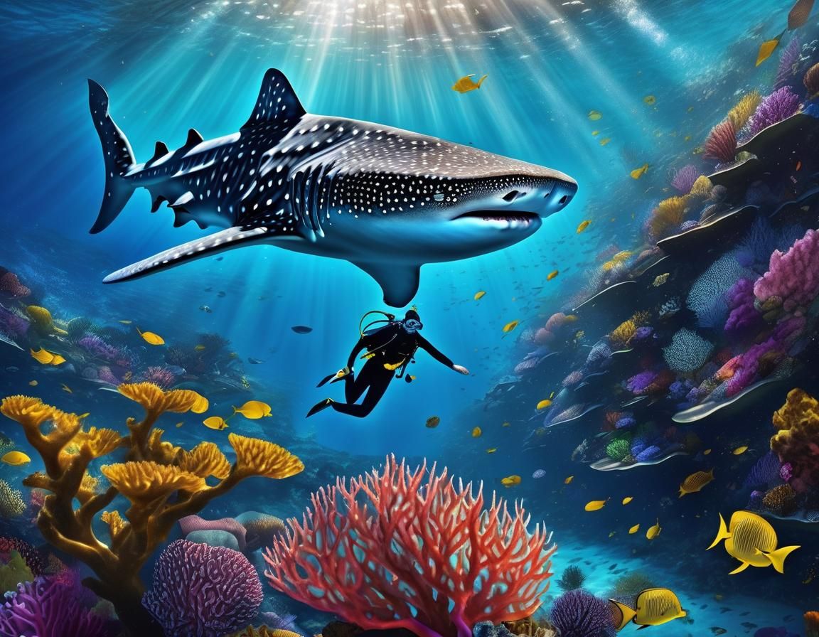 Diver Swims with Whale Shark in Coral Reef