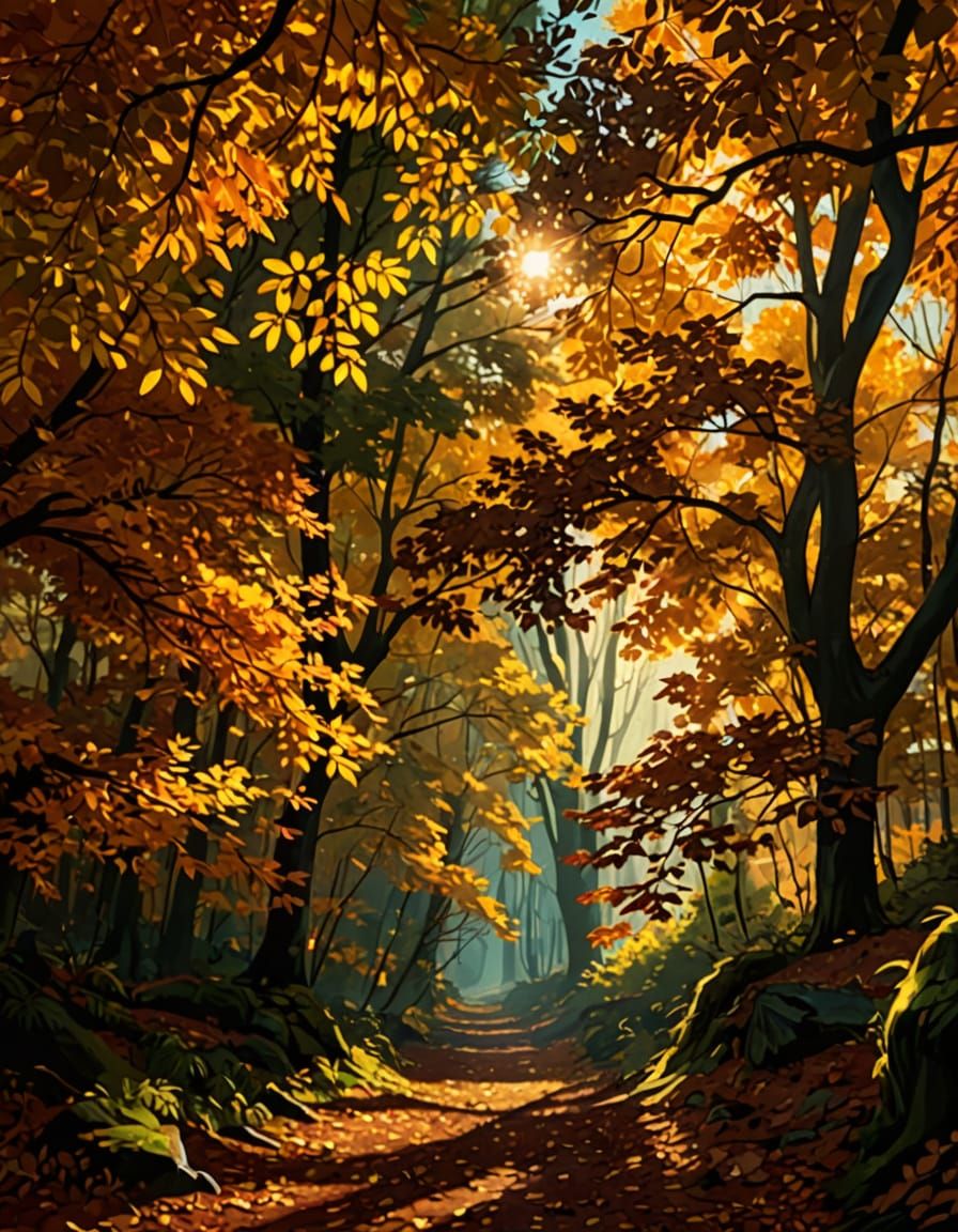 Vibrant Autumn Forest Sunlight Dappled Through Trees
