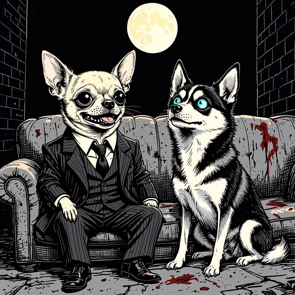 Chihuahua and Husky in Dark Alley, Comic Noir Style