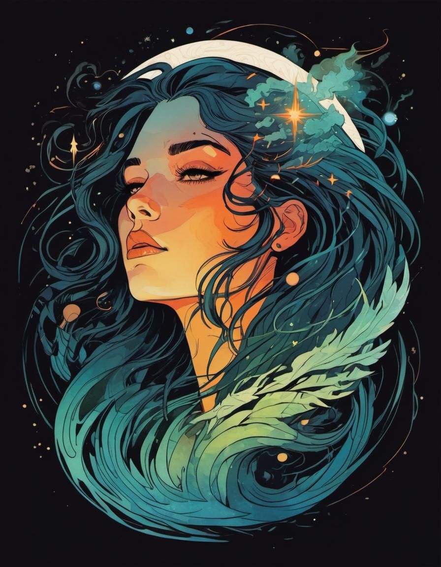 Watercolor Graphic Illustration of Woman with Magic