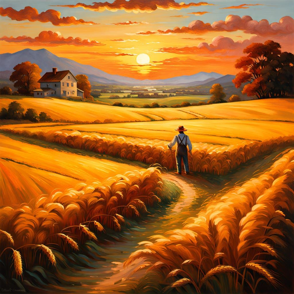 Impressionist Oil Painting of Scarecrow at Vibrant Sunset