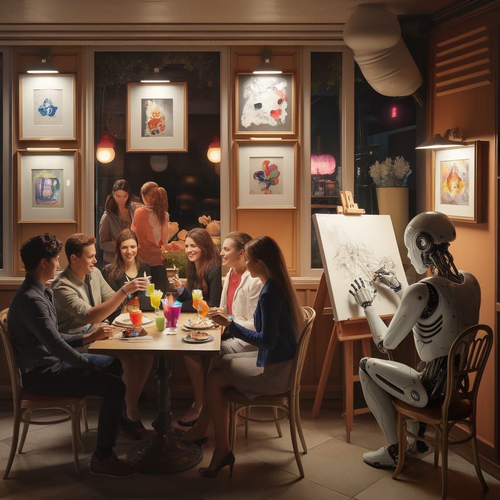 Cozy Night Cafe with Friends and Futuristic Touches