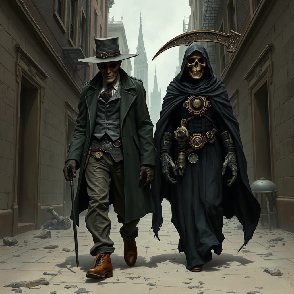 Steampunk Plague Doctor and Grim Reaper in Apocalyptic City