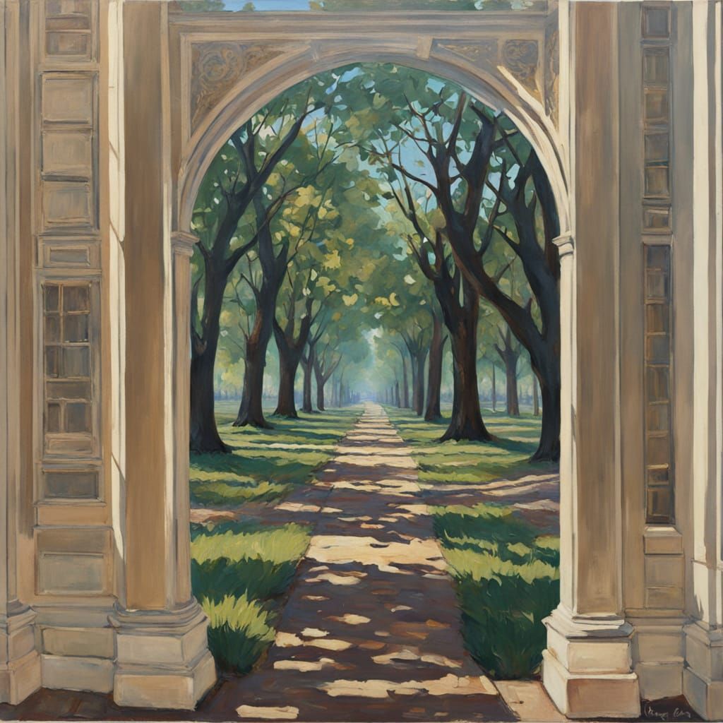 Peaceful Tree-Lined Avenue in Impressionistic Oil Painting S...