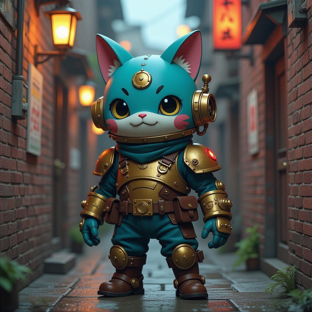 Steampunk Cyborg Yo-kai in Dimly Lit Alleyway