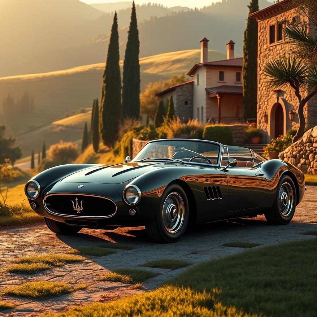 Elegant Maserati in Serene Italian Countryside Aesthetic