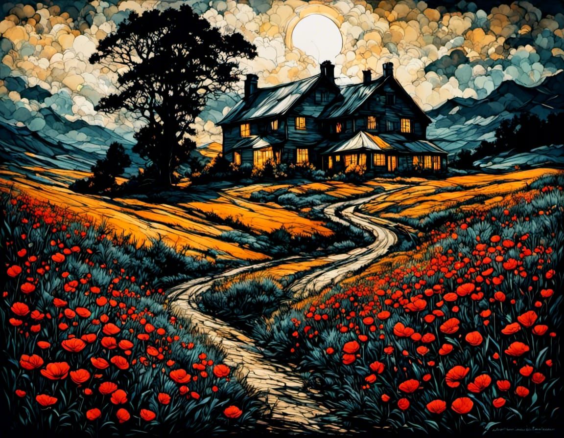 Surreal Landscape of Poppies with Neon Highlights