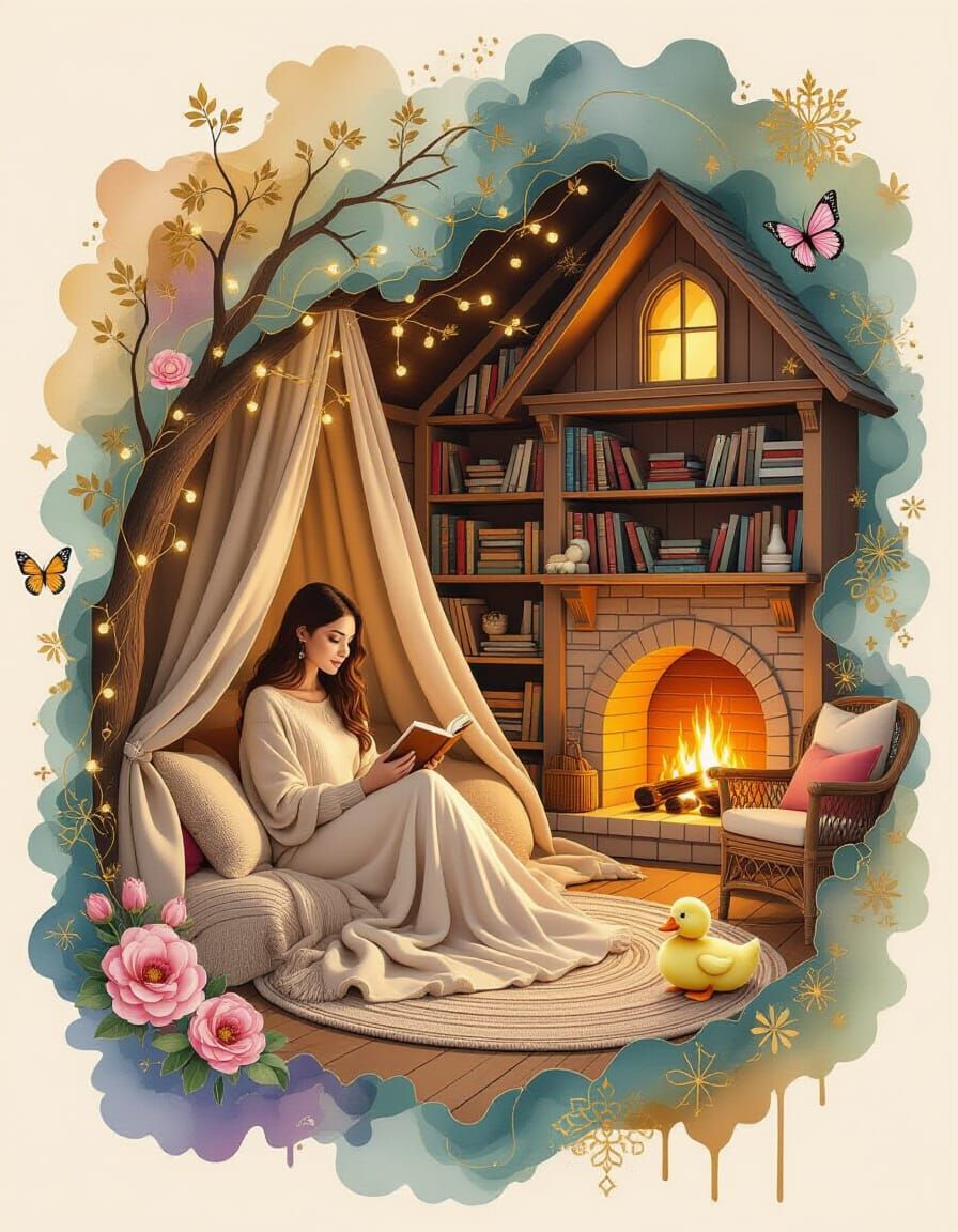 Serene Woman in Surreal Reading Nook