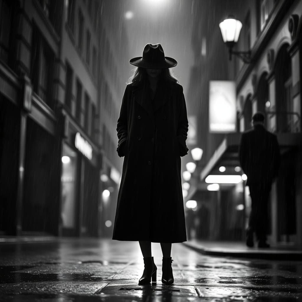 Femme Fatale in Film Noir Cityscape