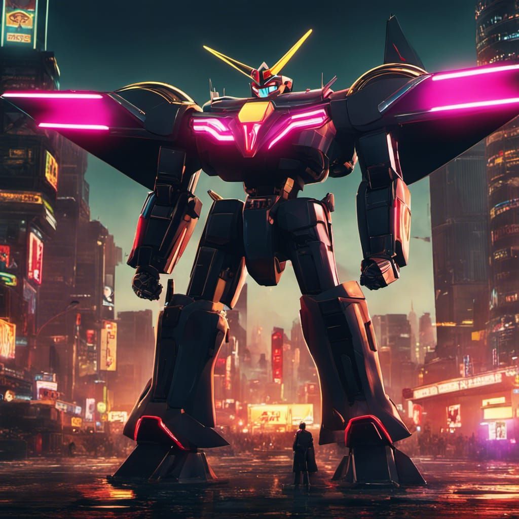 Cyberpunk Grendizer Robot in Neon Cityscape