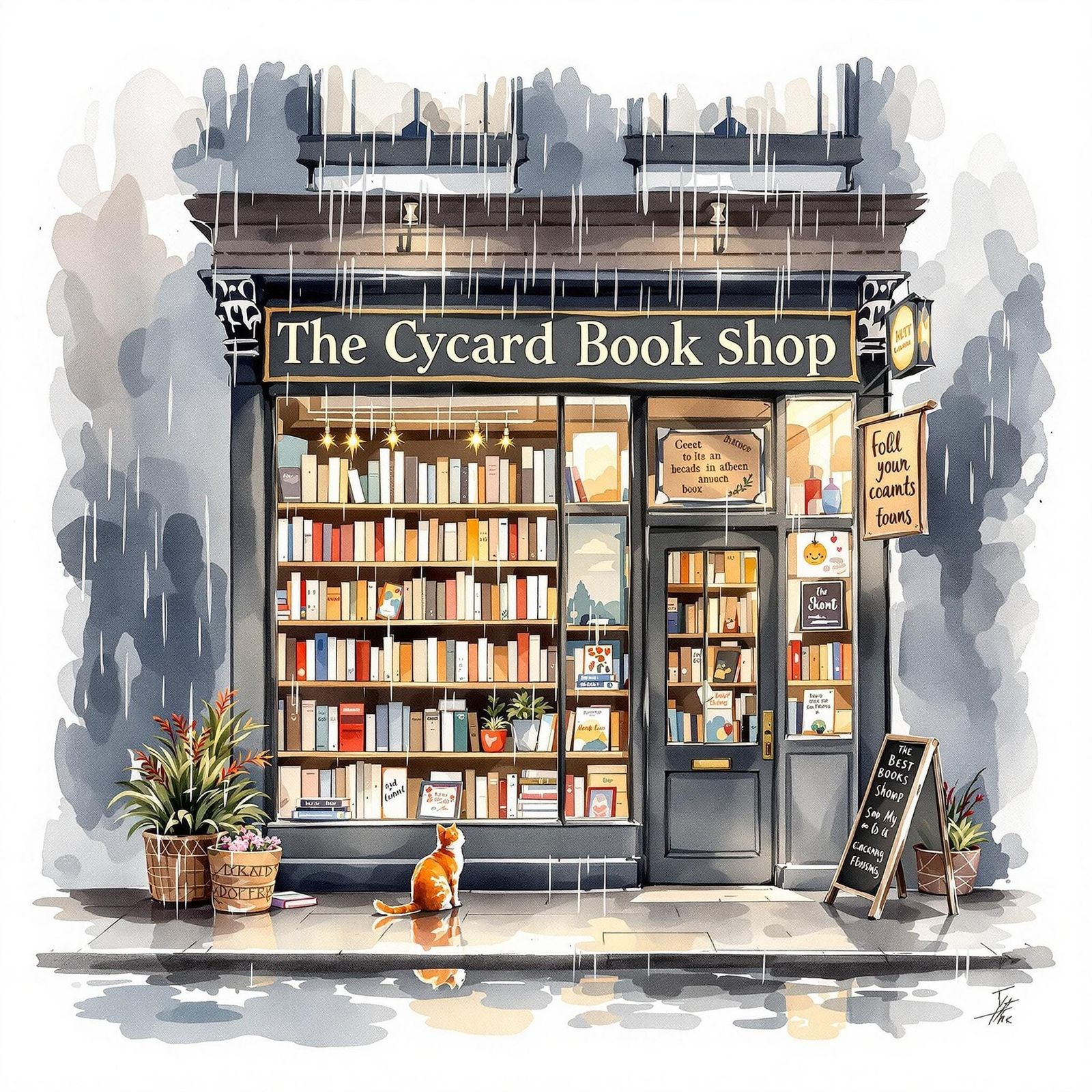 Watercolor Bookshop on a Rainy Day