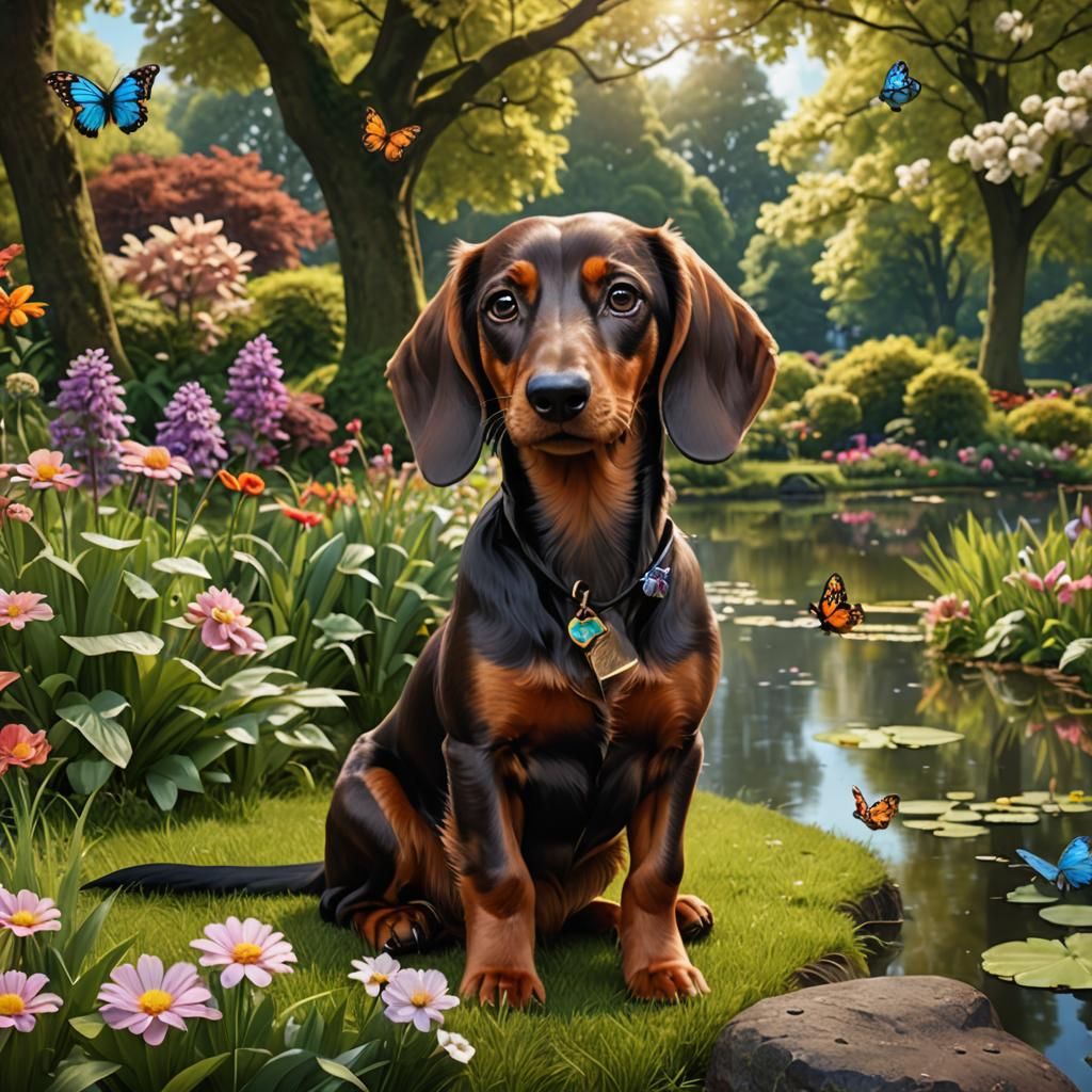 Dachshund in Park: Detailed Matte Painting
