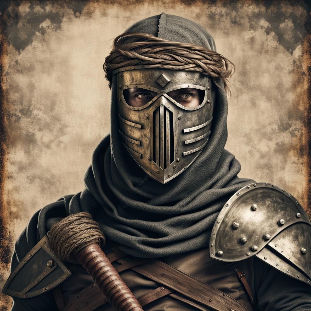 Bandaged Mercenary with Greek Mask in Dark Fantasy Style
