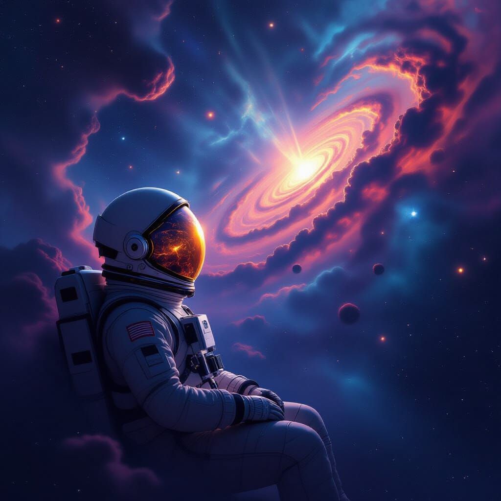 Astronaut Adrift in Cosmic Nebula, Alien Galaxy Reflection