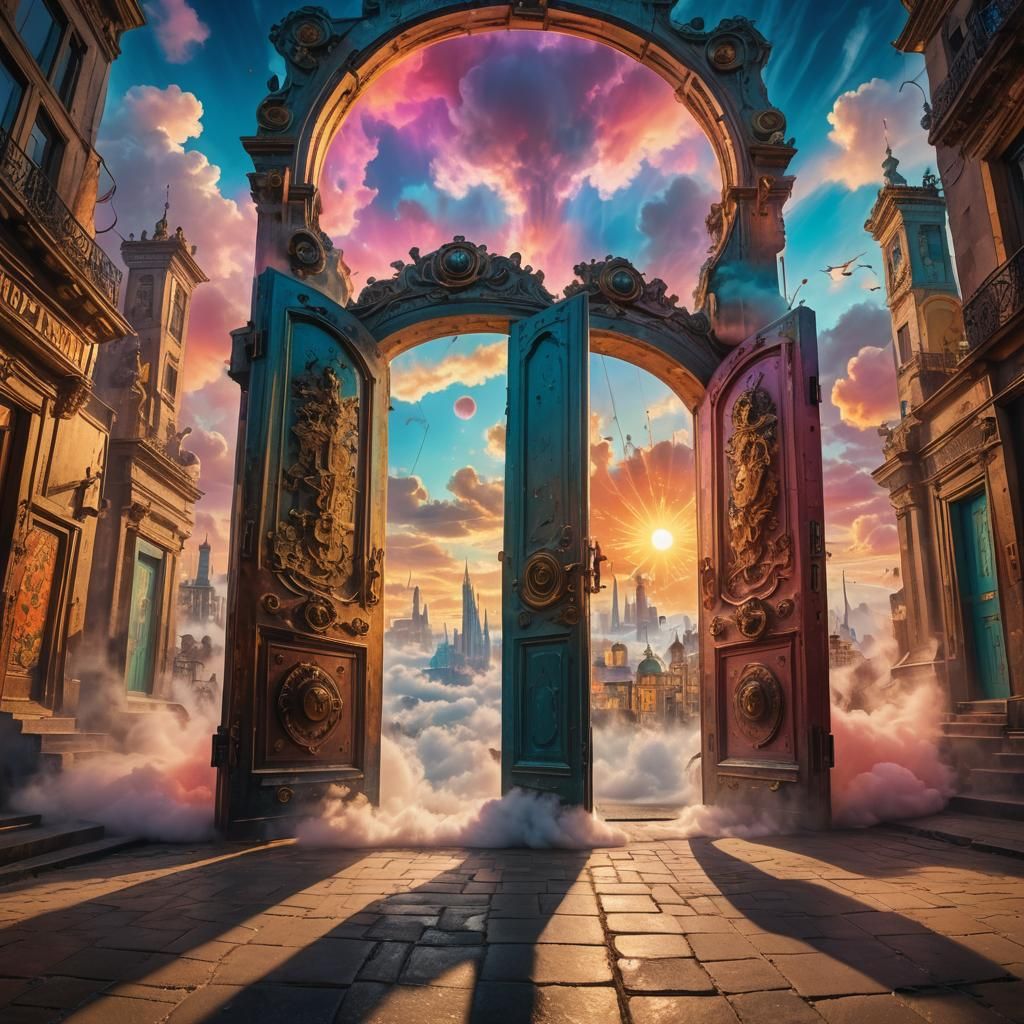 Surreal Open Doors in Dreamlike Cityscape