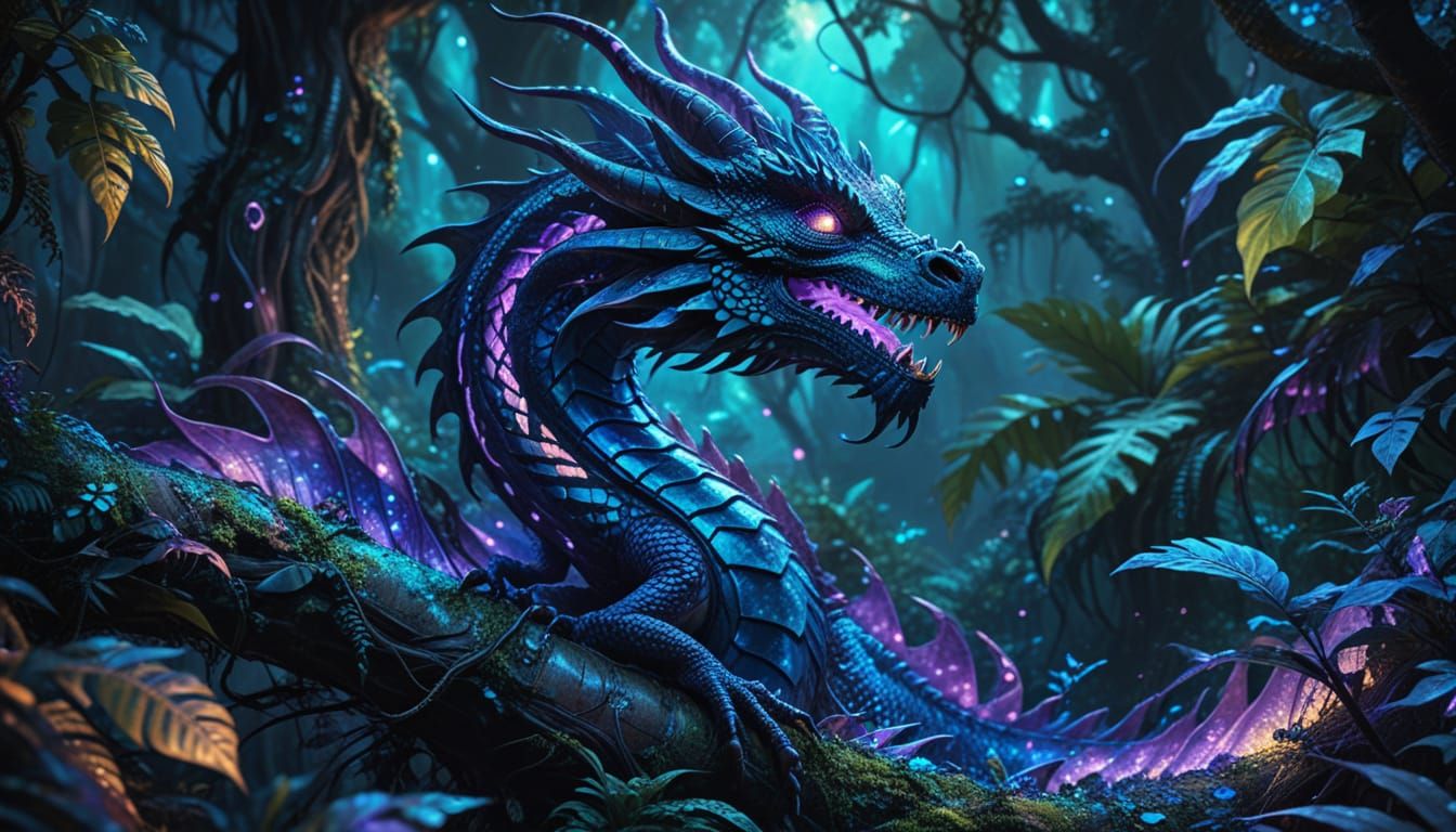 Obsidian Dragon Coiled Around Ancient Tree in Jungle
